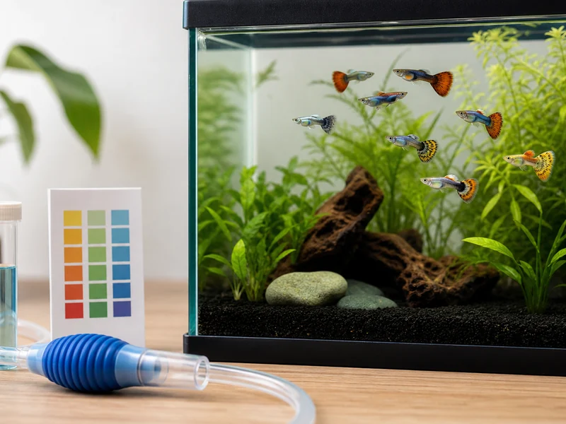 Illustrative aquarium maintenance scene with generic guppies and water testing tools