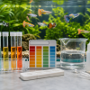 Aquarium water testing tubes beside a planted guppy tank for checking guppy water parameters