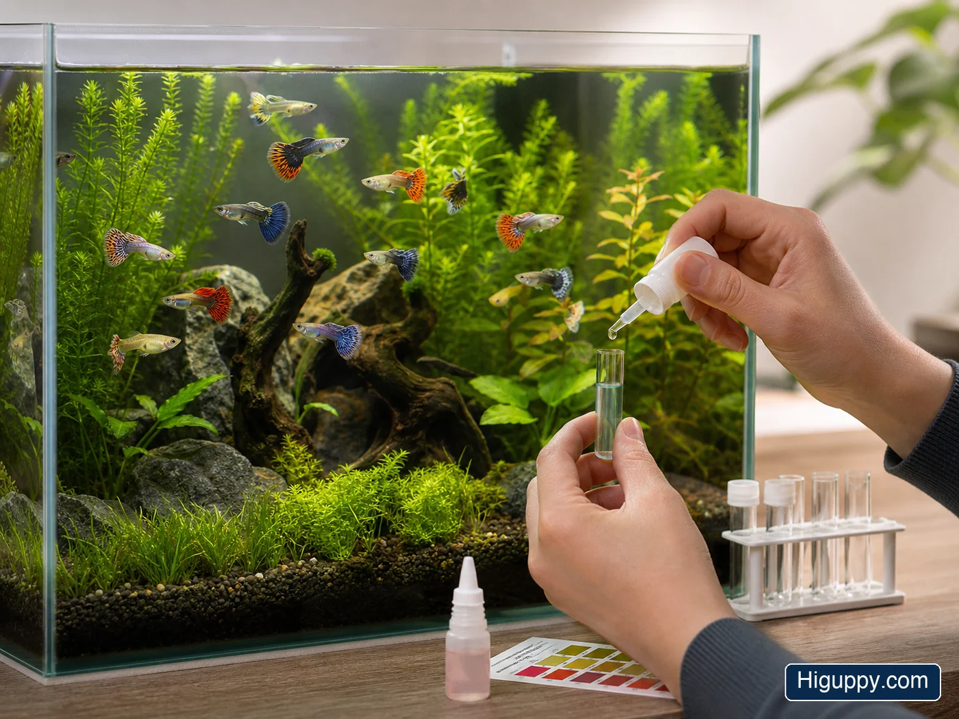 Guppies swimming in a clean planted aquarium while water parameters are tested