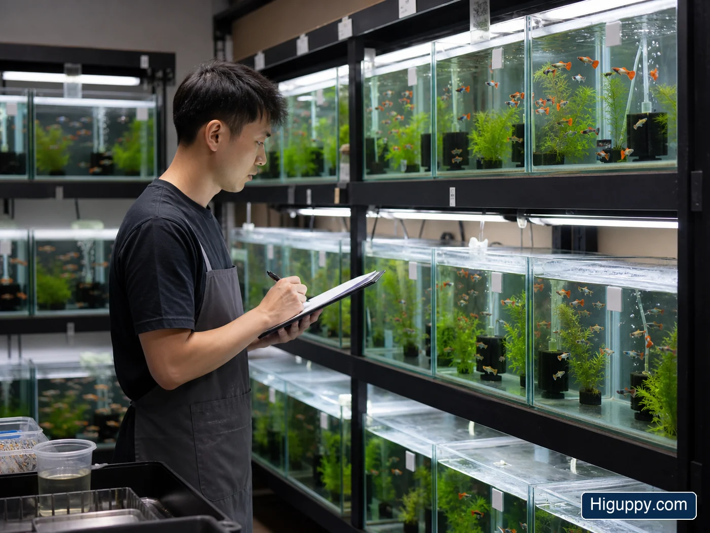 Organized guppy breeding tanks in a HiGuppy breeder facility