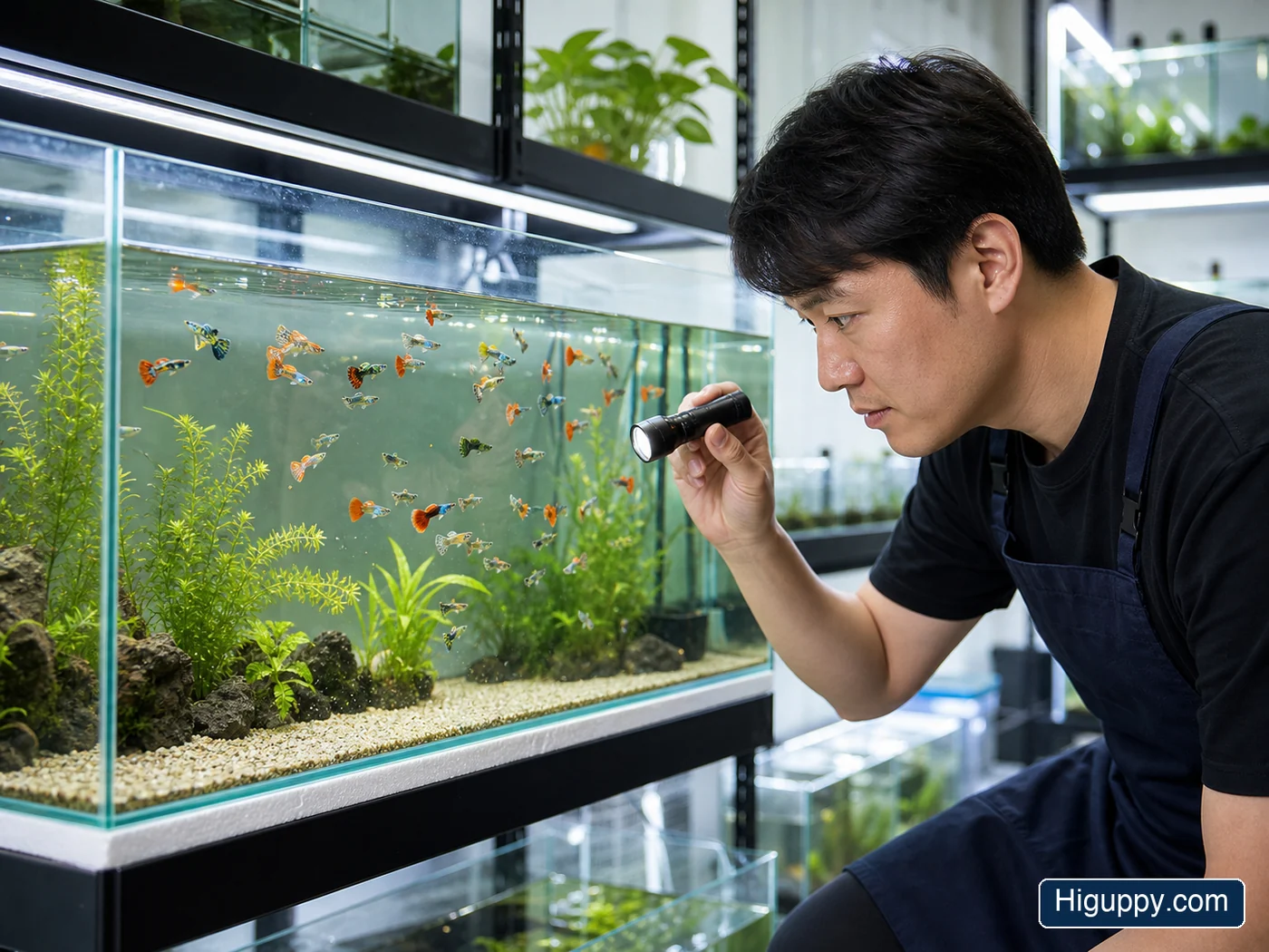 Guppies being observed in a clean planted aquarium for post-arrival health support