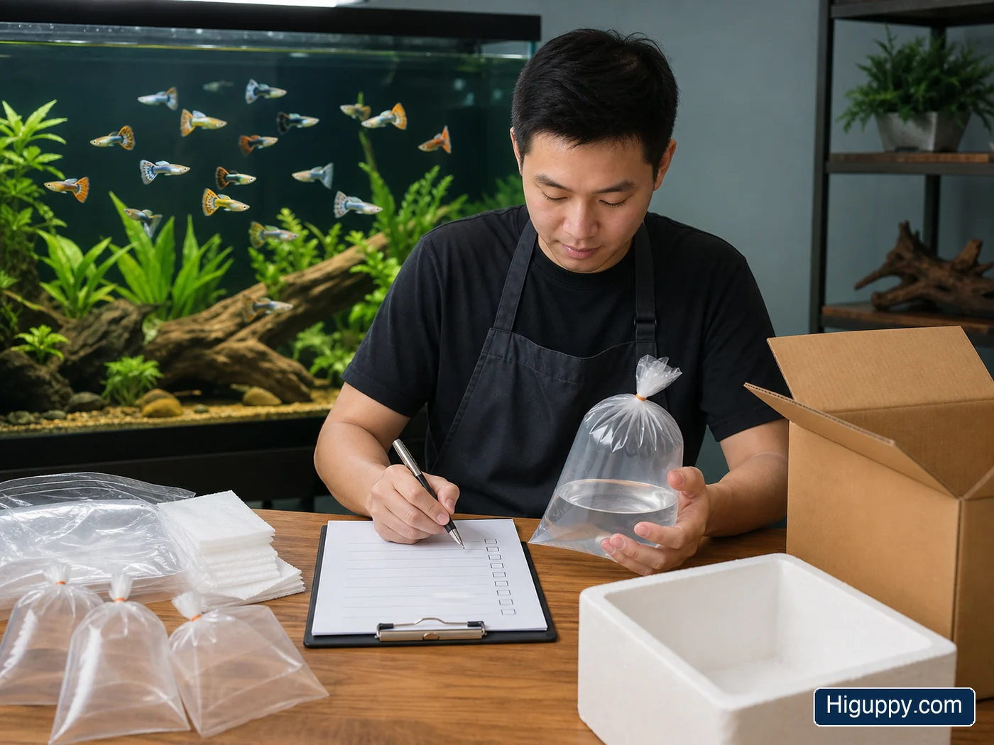 HiGuppy order support reviewing a live guppy order before packing and carrier dispatch