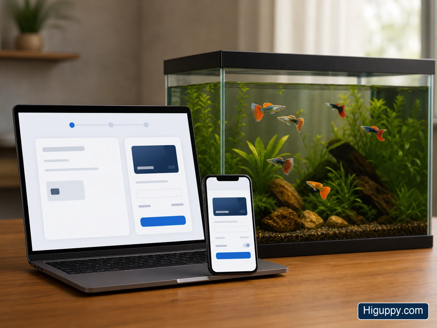 Secure HiGuppy checkout screen for a live guppy order on a laptop and mobile phone
