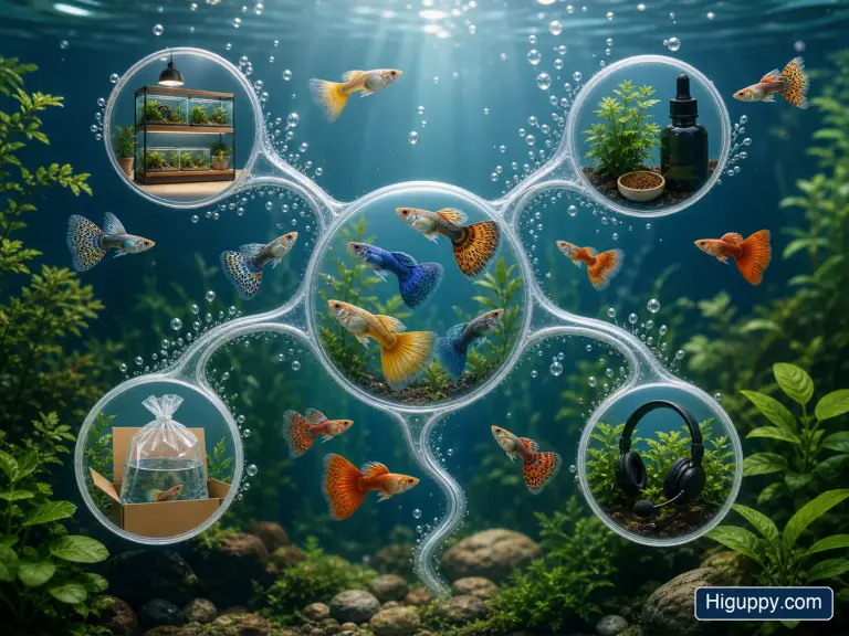Illustrated aquarium pathways connecting HiGuppy shopping care shipping and support resources