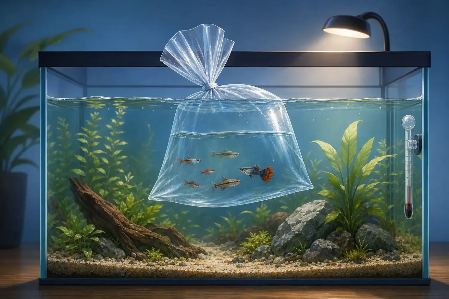 Sealed guppy bag floating in an aquarium during acclimation