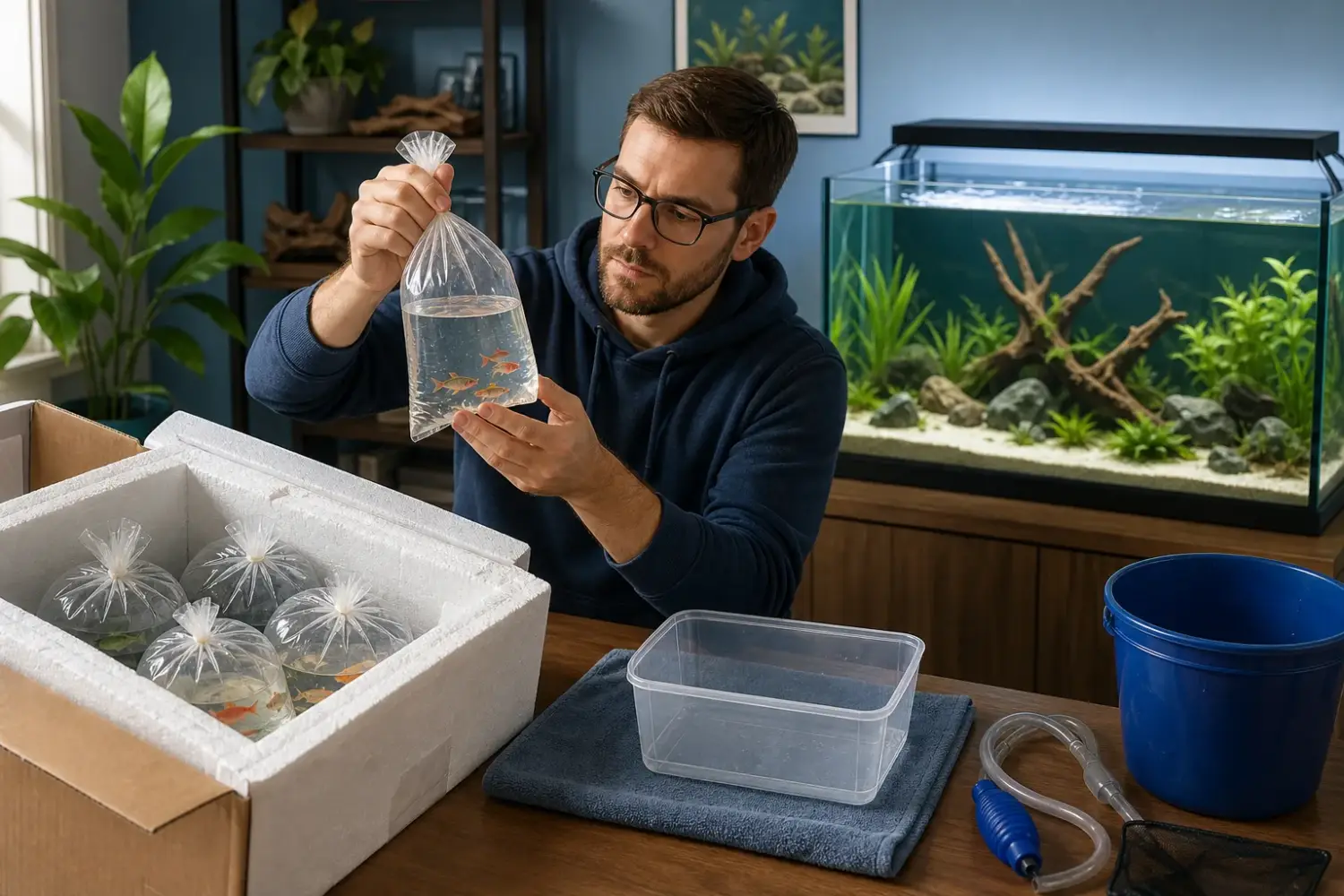 How long can guppies stay in a shipping bag: an aquarium keeper prepares to acclimate a shipment