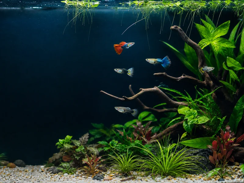 Planted aquarium with a small uncrowded group of generic fancy guppies