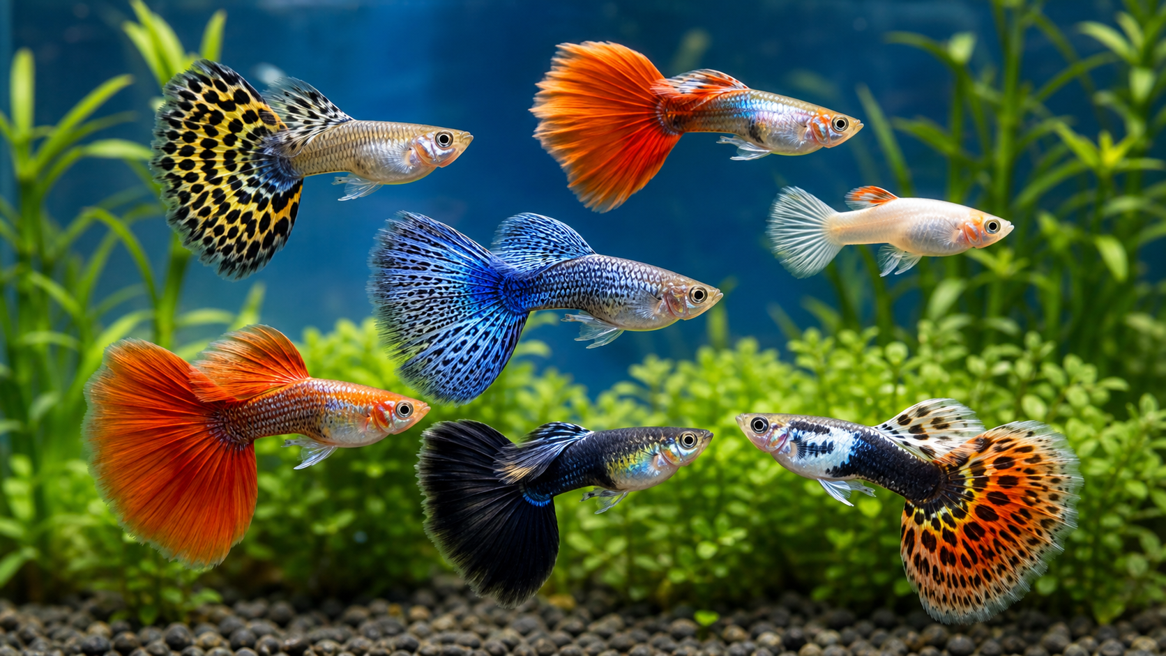Healthy fancy guppy fish swimming in a clean planted aquarium for an online buying guide