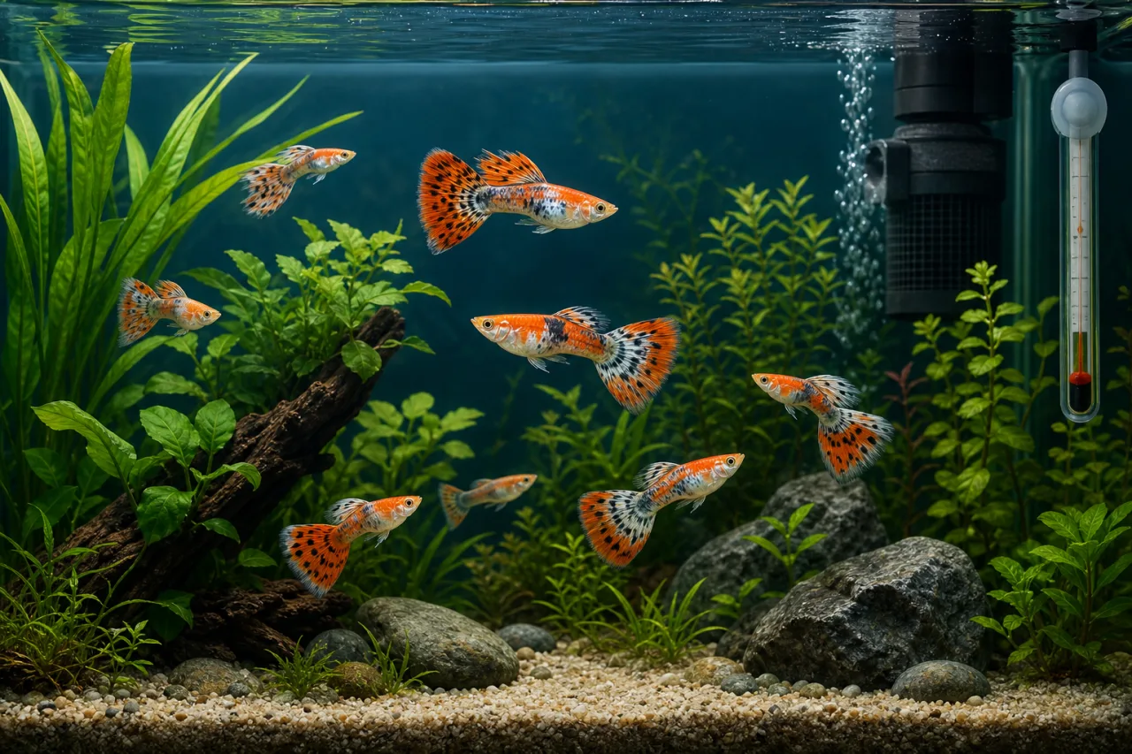 Planted aquarium setup for caring for Koi Guppies