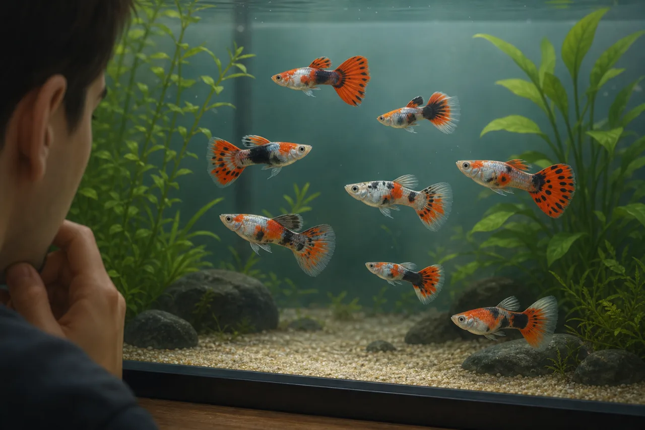 Aquarist observing Koi Guppy pattern and swimming quality