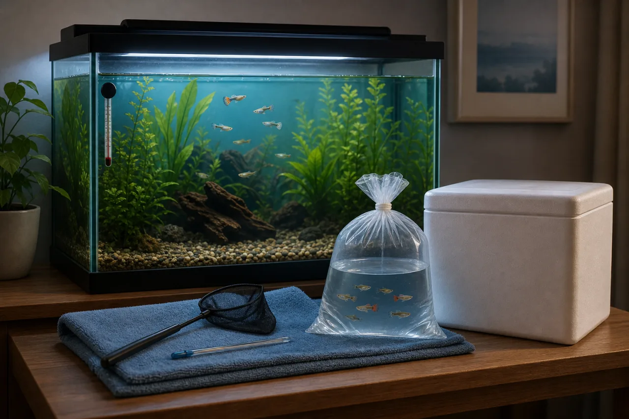 Prepared guppy aquarium and acclimation supplies ready before new fish arrive