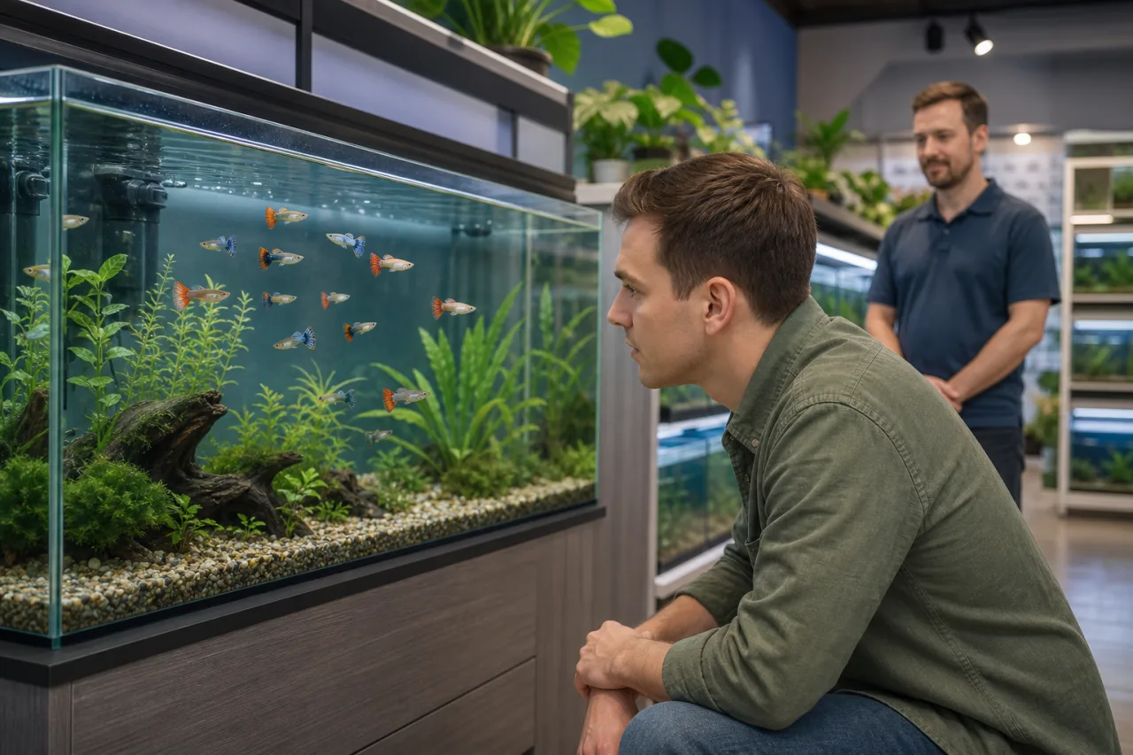 Aquarium shopper observing guppy behavior in a local fish store tank