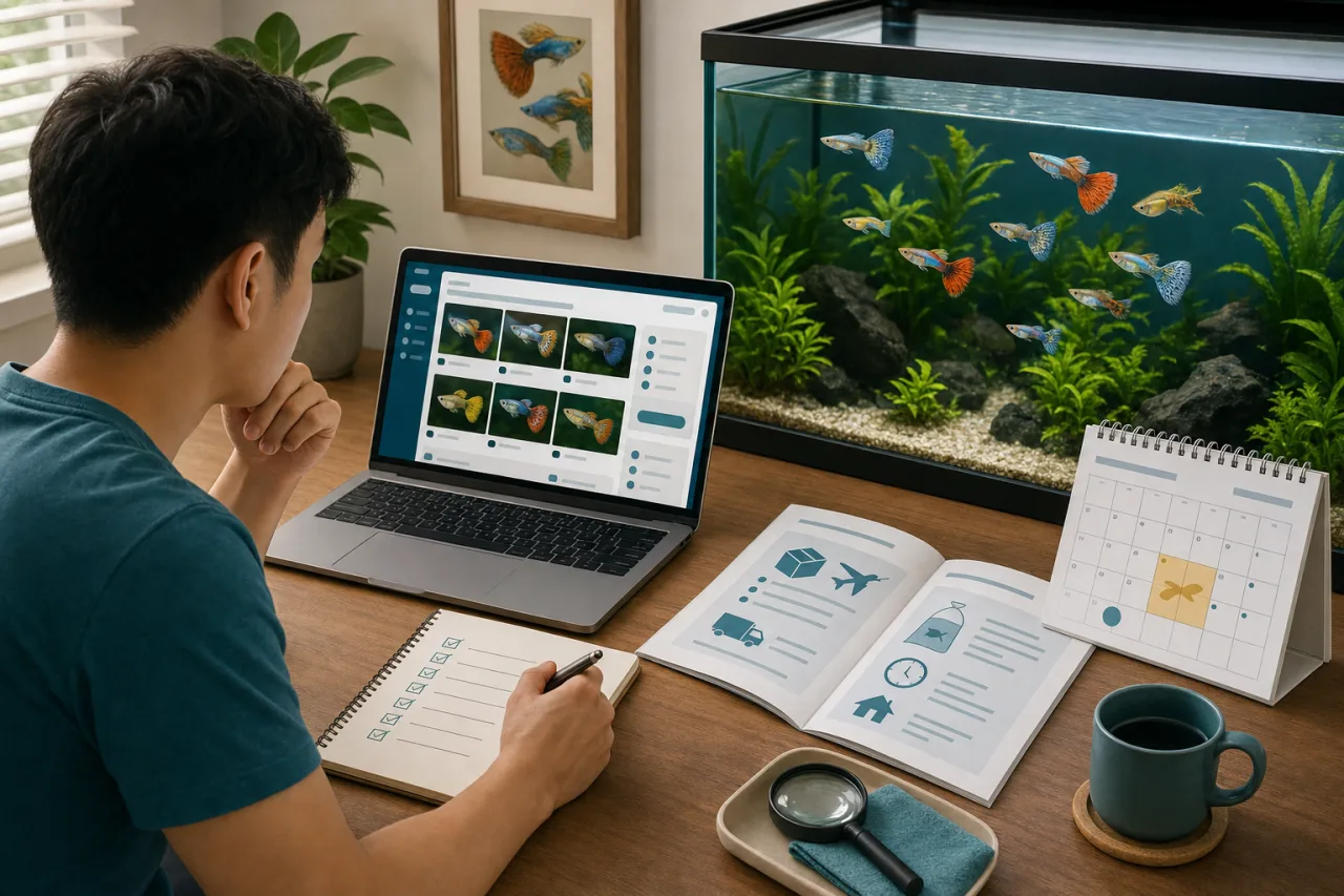 Online guppy buyer reviewing fish listings and shipping policies before ordering