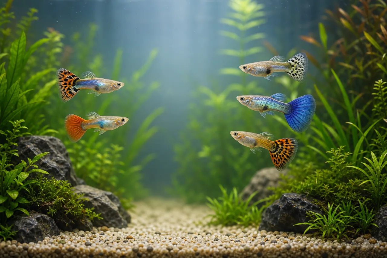 One male and one female guppy in a planted aquarium