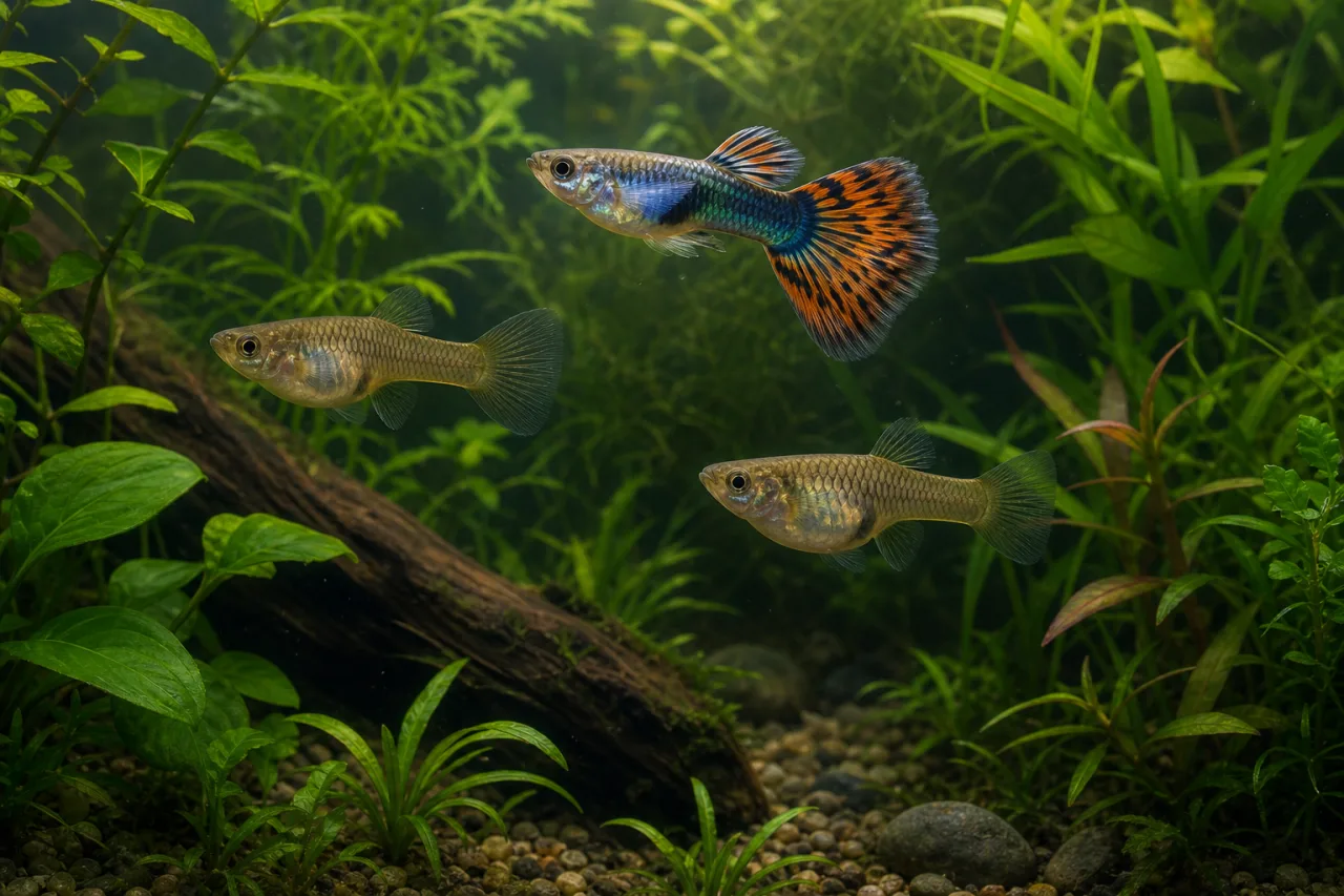 One male and two female guppies in a planted aquarium