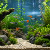 Planted guppy tank with live plants and colorful guppy fish swimming in open water