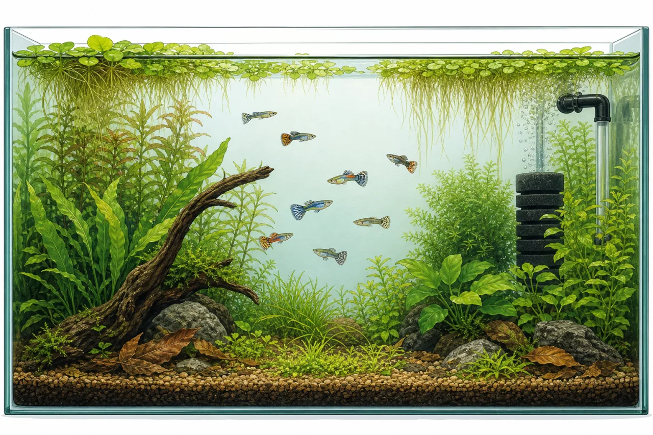 Aquarist trimming live plants in a planted guppy aquarium