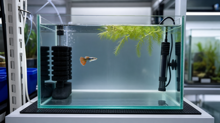 New guppy fish in a simple quarantine tank with sponge filter and floating plant