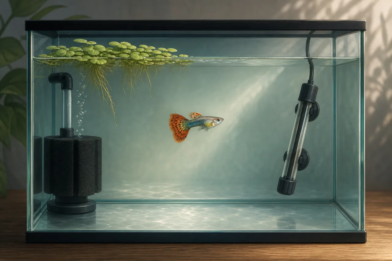 Aquarist observing a newly arrived guppy in a separate quarantine aquarium