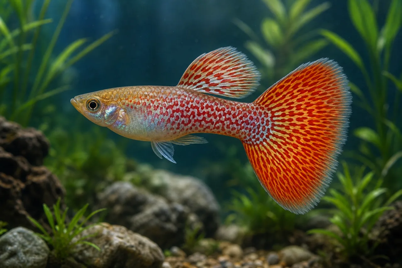 Red Lace Guppy showing repeated markings across the tail and dorsal fin