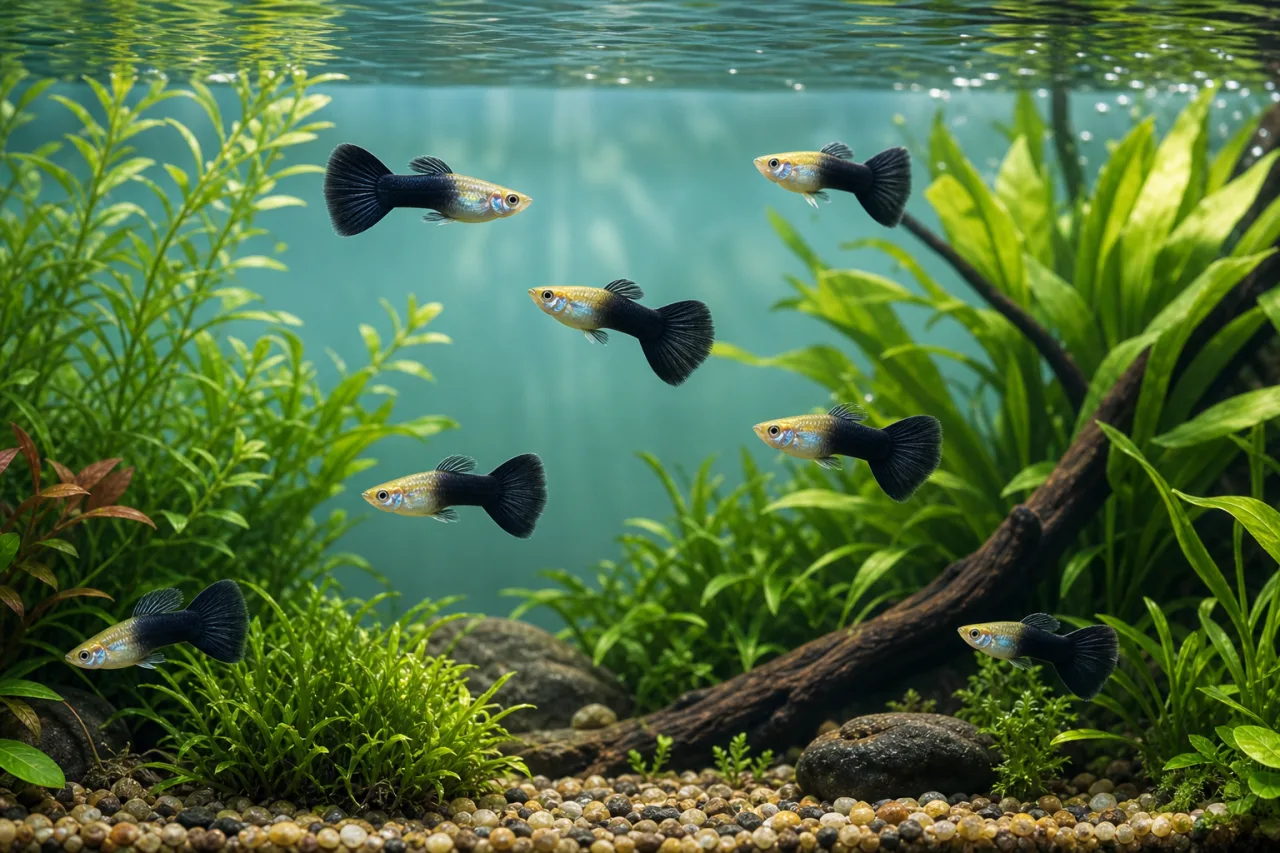Planted aquarium setup for caring for Tuxedo Guppies