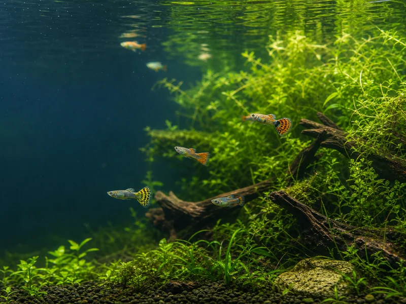 AI-generated editorial image of juvenile guppies in a planted aquarium.