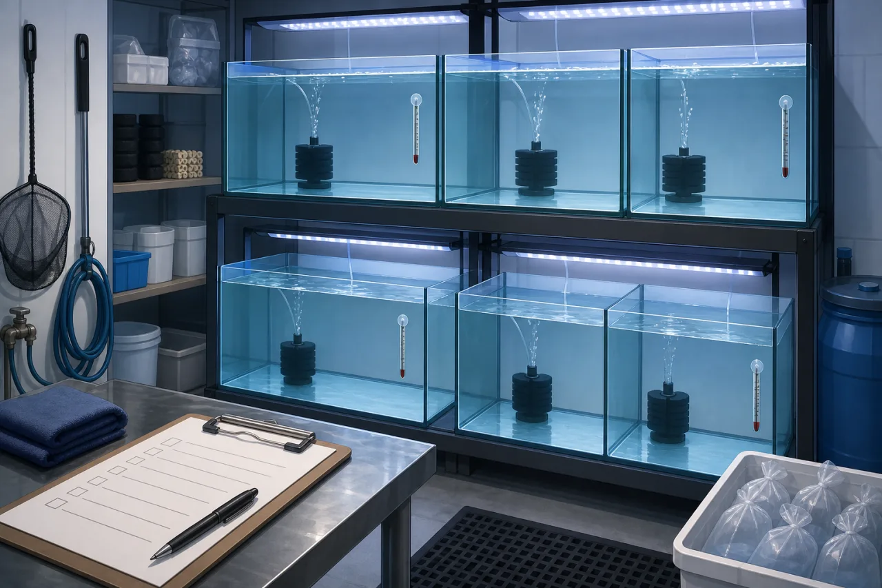 Receiving area with prepared aquariums and insulated live-fish shipping boxes