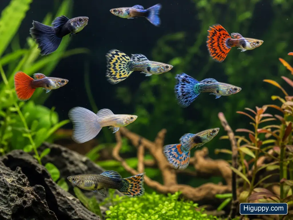 Healthy colorful guppies illustrating natural variation in color, pattern and fin expression