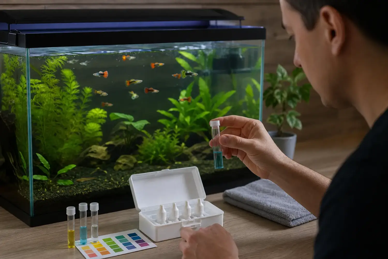 Aquarium keeper checking a water test tube beside a guppy aquarium