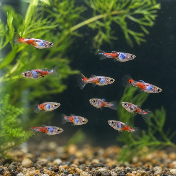 Representative AI-generated image of Red Dragon BDS Guppy Fry Pack of 10; not an exact inventory photograph.