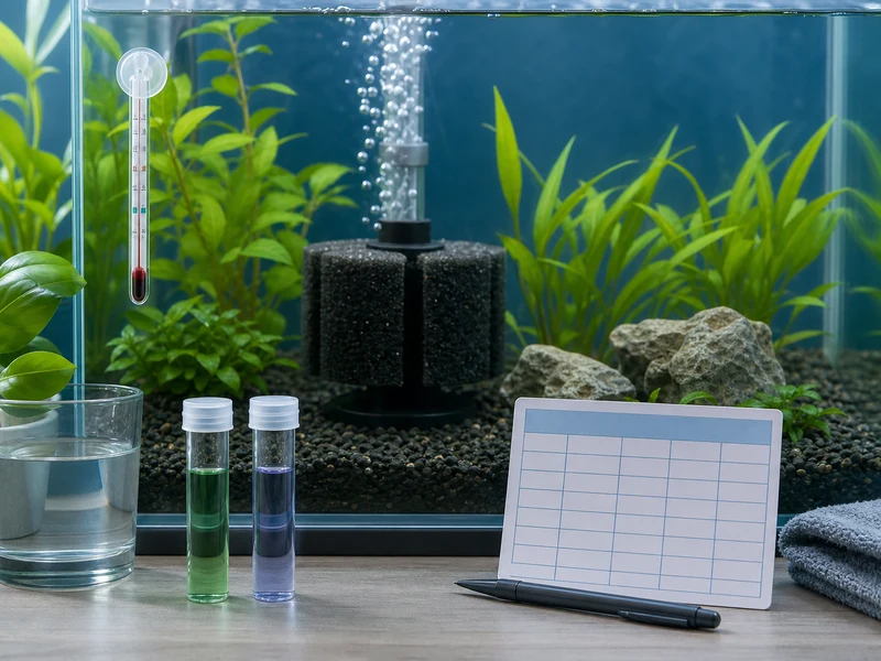 Editorial illustration of a sponge filter, thermometer, and aquarium test vials during tank cycling