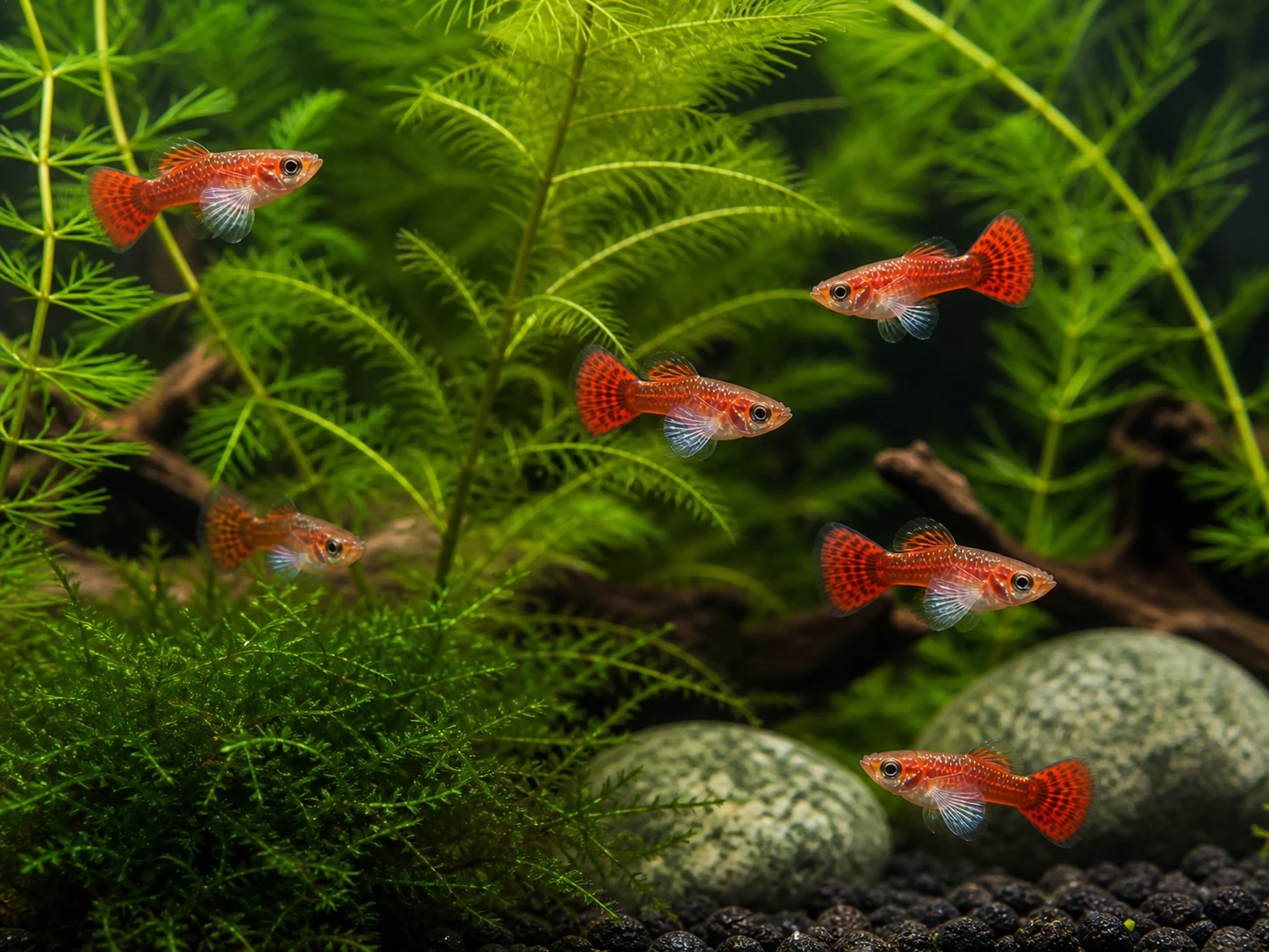 Dumbo Mosaic guppy fry pack of 10; representative AI-generated planted-aquarium image, not an exact inventory photograph.