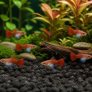 Dumbo Mosaic guppy fry pack of 10; representative AI-generated planted-aquarium image, not an exact inventory photograph.