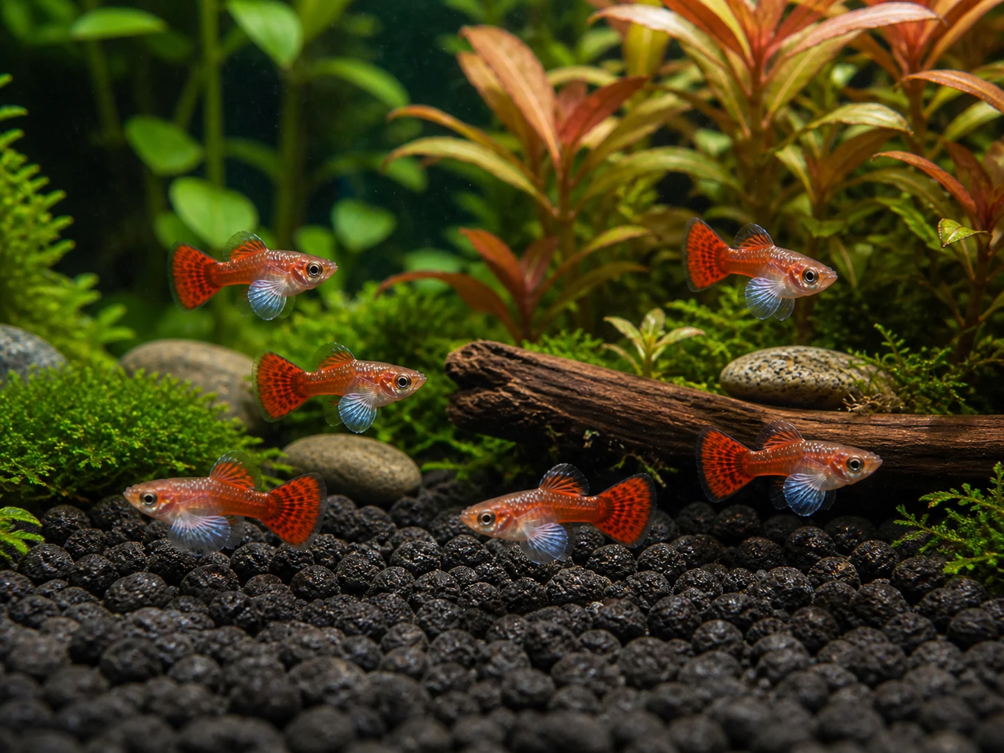 Dumbo Mosaic guppy fry pack of 10; representative AI-generated planted-aquarium image, not an exact inventory photograph.