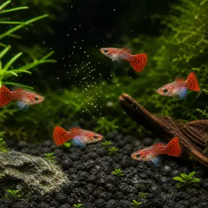 Dumbo Mosaic guppy fry pack of 10; representative AI-generated planted-aquarium image, not an exact inventory photograph.