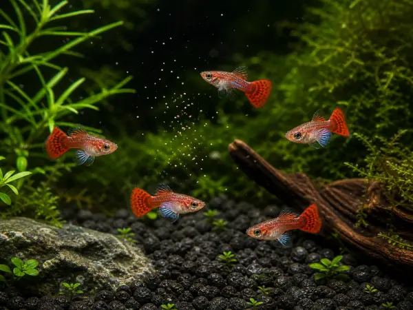 Dumbo Mosaic guppy fry pack of 10; representative AI-generated planted-aquarium image, not an exact inventory photograph.