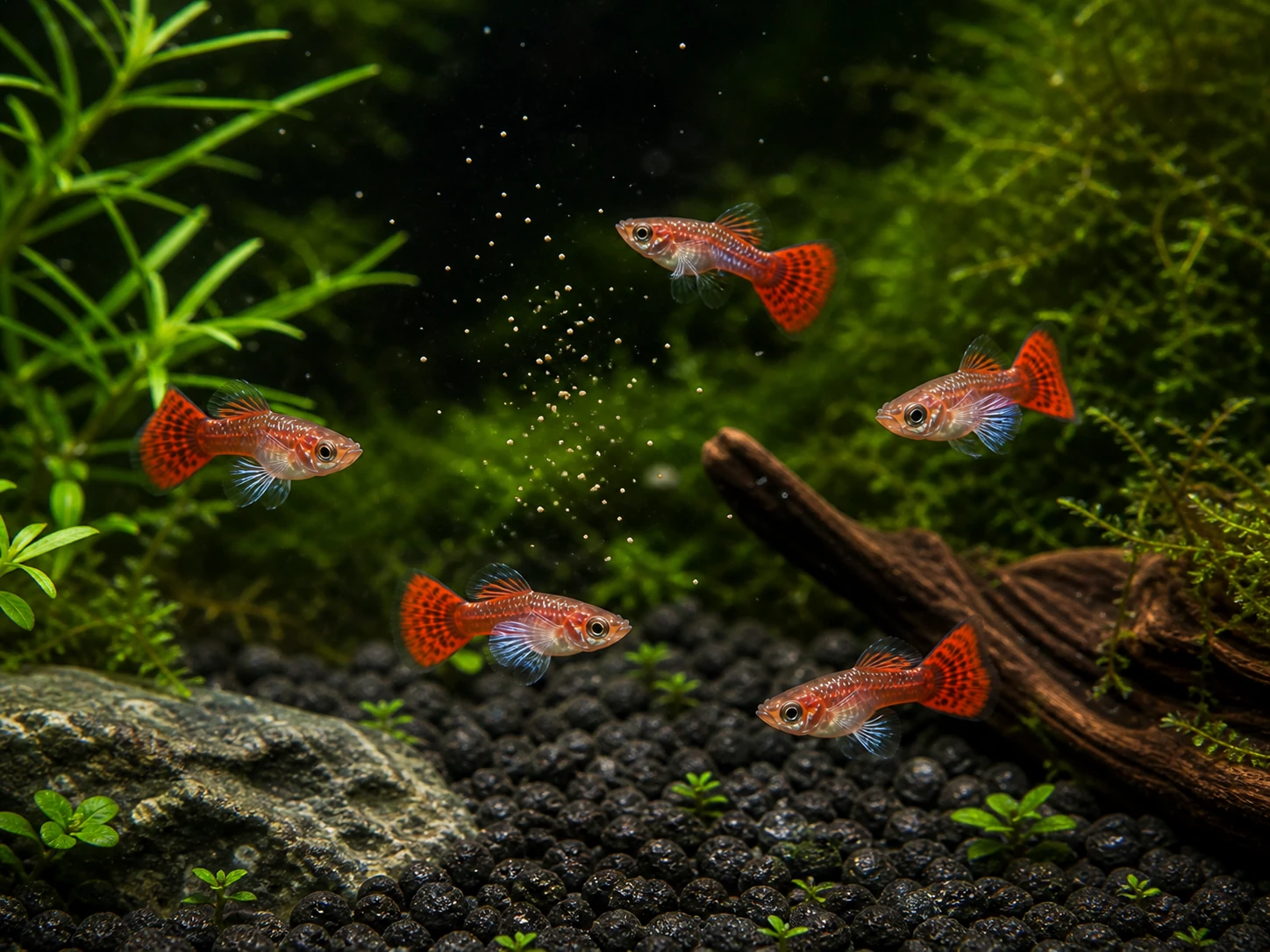 Dumbo Mosaic guppy fry pack of 10; representative AI-generated planted-aquarium image, not an exact inventory photograph.