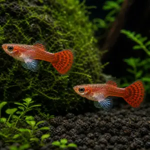 Dumbo Mosaic guppy fry pack of 10; representative AI-generated planted-aquarium image, not an exact inventory photograph.
