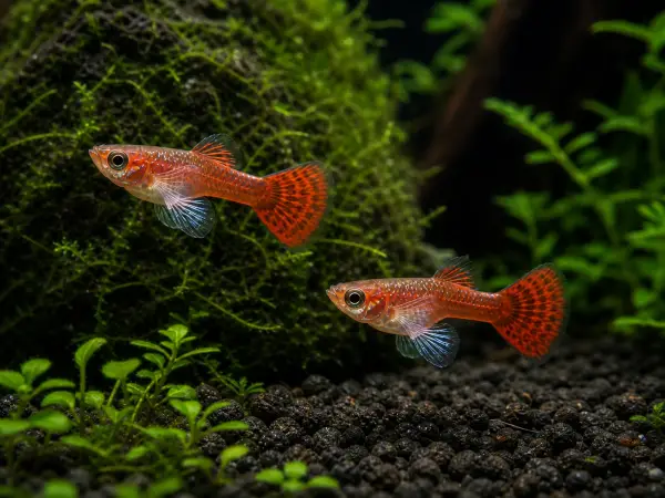 Dumbo Mosaic guppy fry pack of 10; representative AI-generated planted-aquarium image, not an exact inventory photograph.