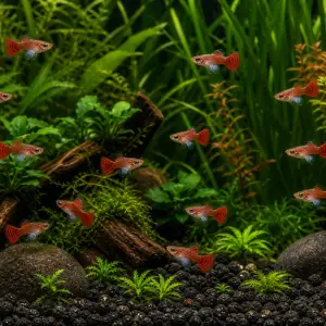Dumbo Mosaic guppy fry pack of 10; representative AI-generated planted-aquarium image, not an exact inventory photograph.