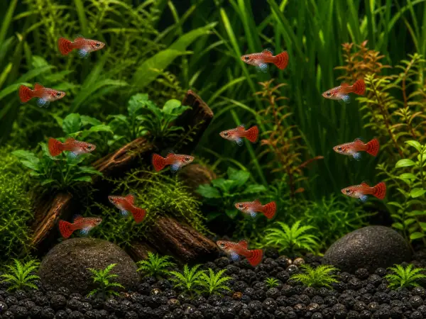 Dumbo Mosaic guppy fry pack of 10; representative AI-generated planted-aquarium image, not an exact inventory photograph.