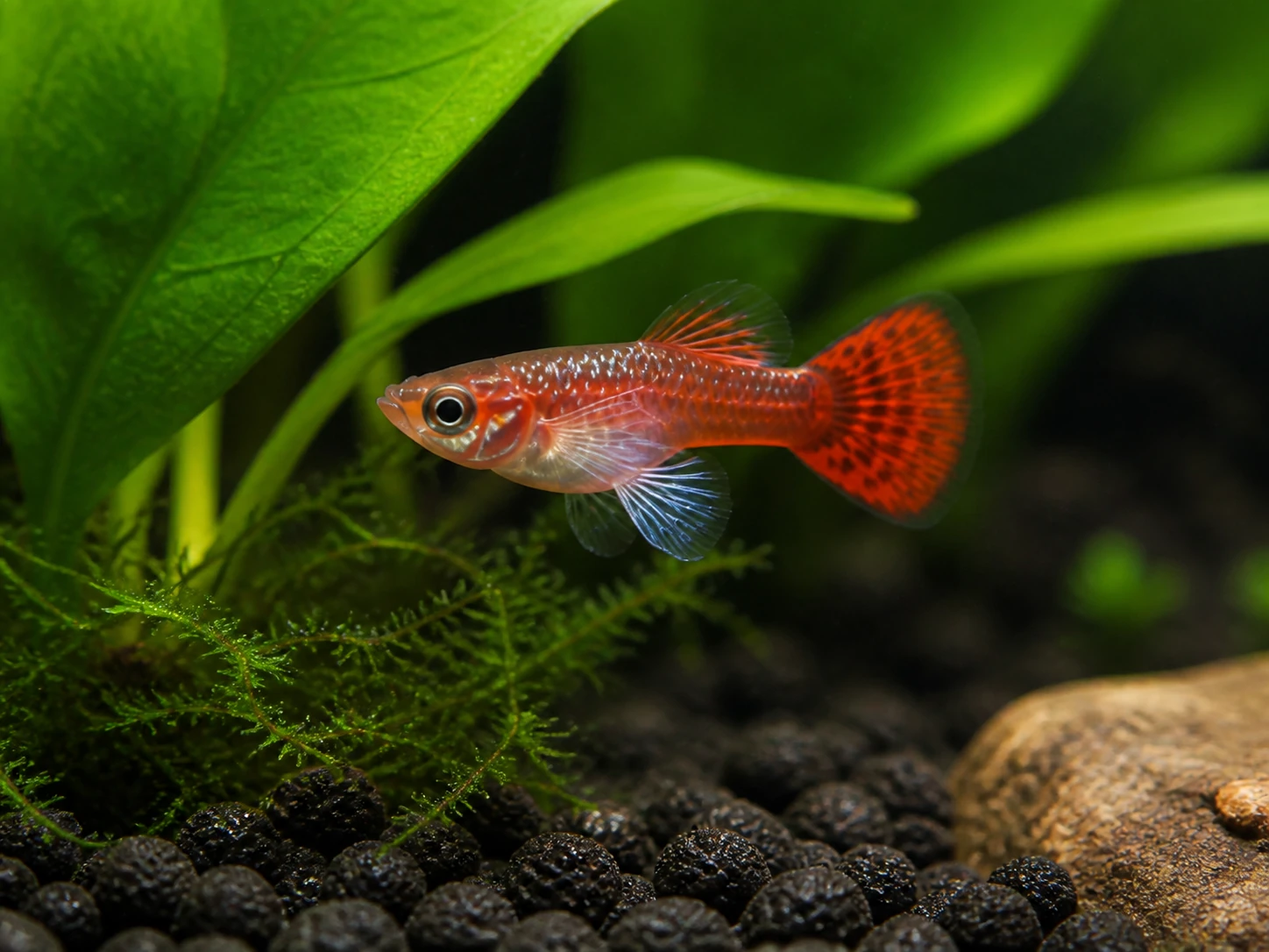 Dumbo Mosaic guppy fry pack of 10; representative AI-generated planted-aquarium image, not an exact inventory photograph.