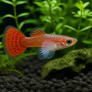 Dumbo Mosaic guppy fry pack of 10; representative AI-generated planted-aquarium image, not an exact inventory photograph.