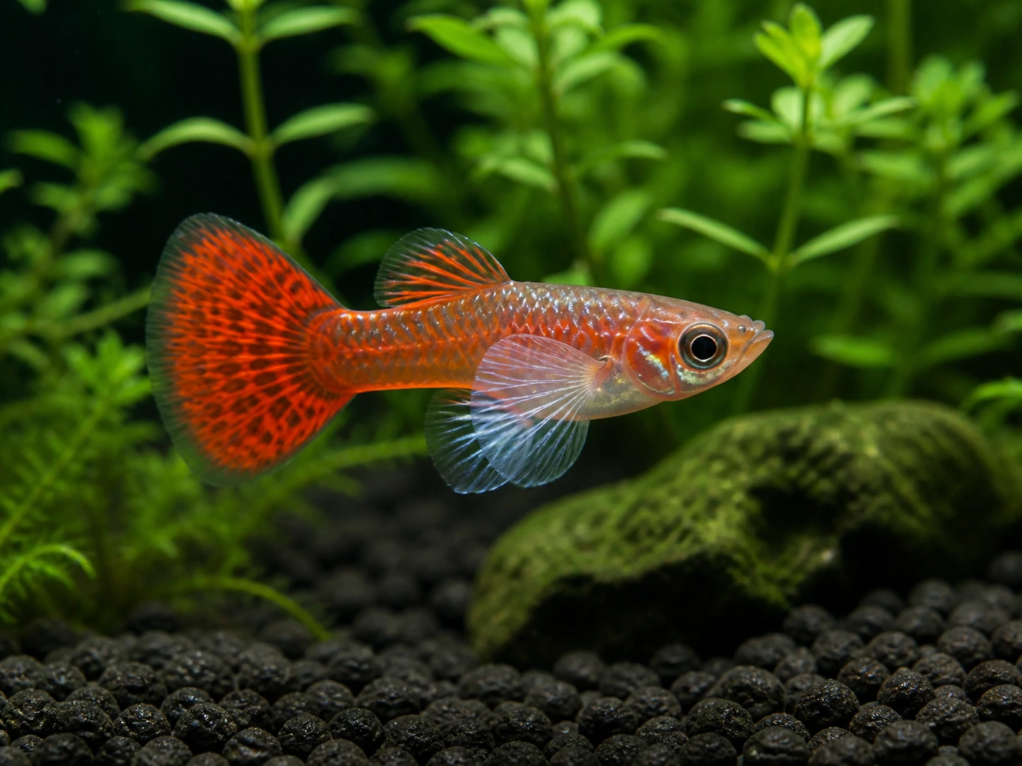 Dumbo Mosaic guppy fry pack of 10; representative AI-generated planted-aquarium image, not an exact inventory photograph.