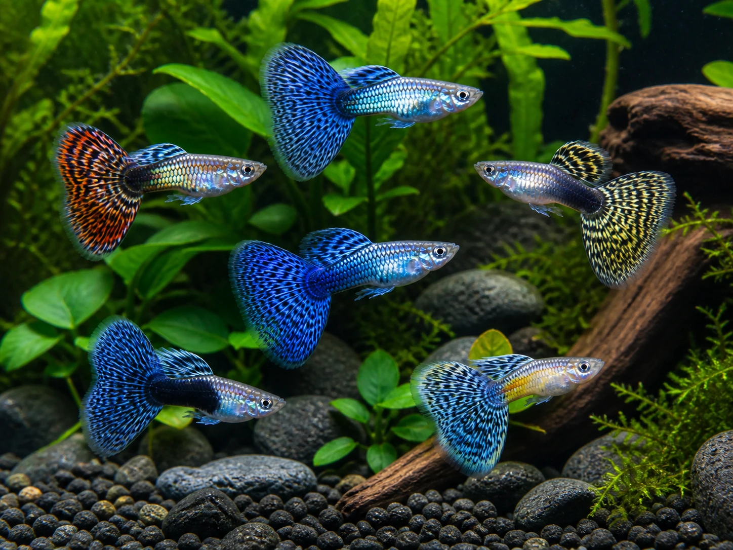 Fancy guppy males pack of 6; representative AI-generated planted-aquarium image, not an exact inventory photograph.