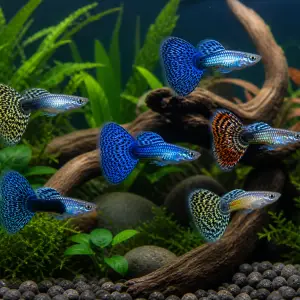 Fancy guppy males pack of 6; representative AI-generated planted-aquarium image, not an exact inventory photograph.