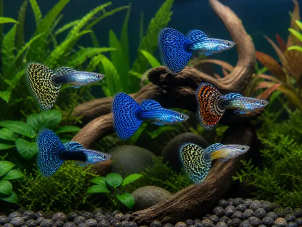 Fancy guppy males pack of 6; representative AI-generated planted-aquarium image, not an exact inventory photograph.