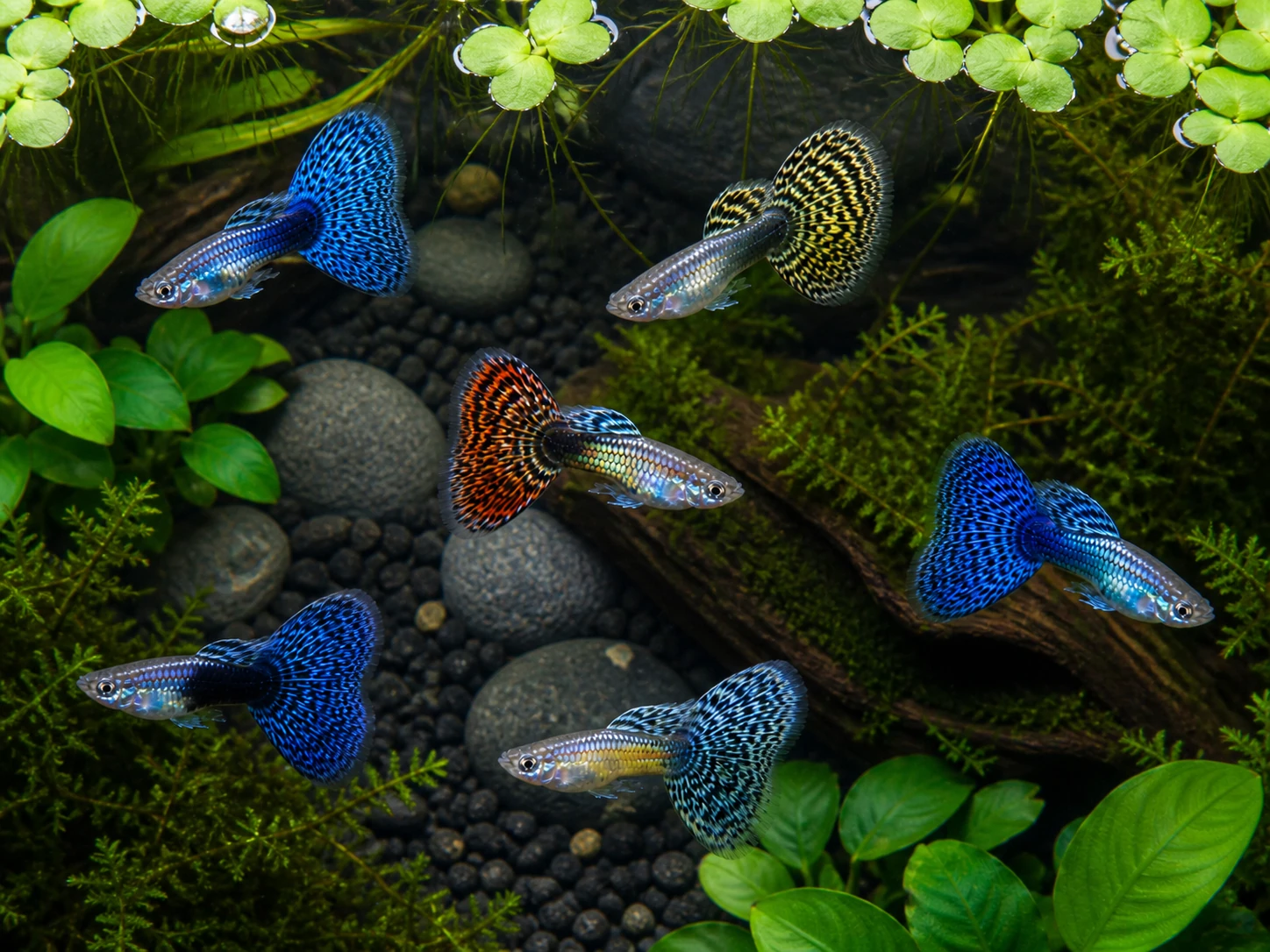 Fancy guppy males pack of 6; representative AI-generated planted-aquarium image, not an exact inventory photograph.