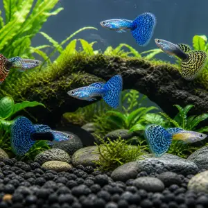 Fancy guppy males pack of 6; representative AI-generated planted-aquarium image, not an exact inventory photograph.