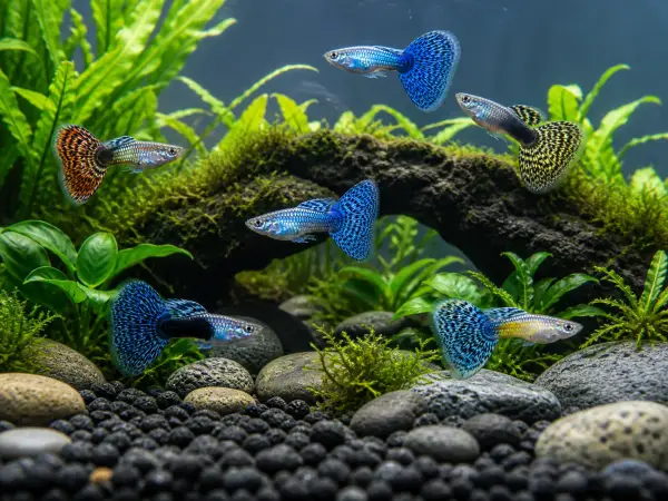 Fancy guppy males pack of 6; representative AI-generated planted-aquarium image, not an exact inventory photograph.